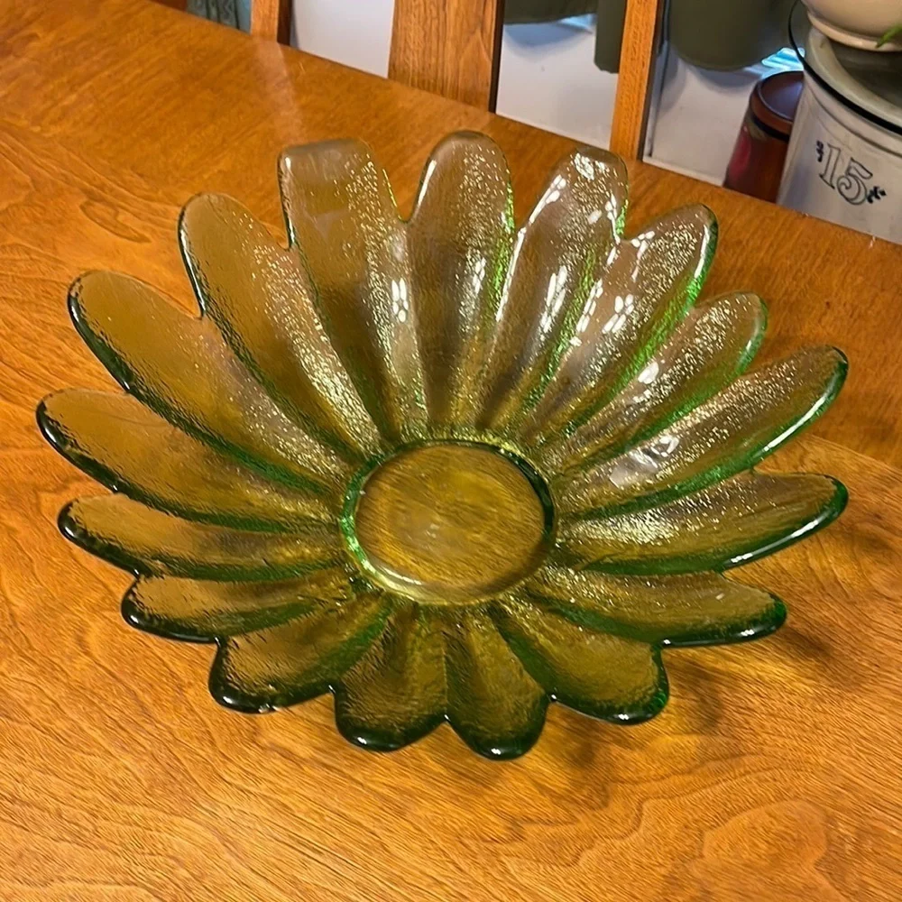 Vintage Blown Glass Daisy Bowl Green Glass Decorative Bowl Oversized Daisy Bowl